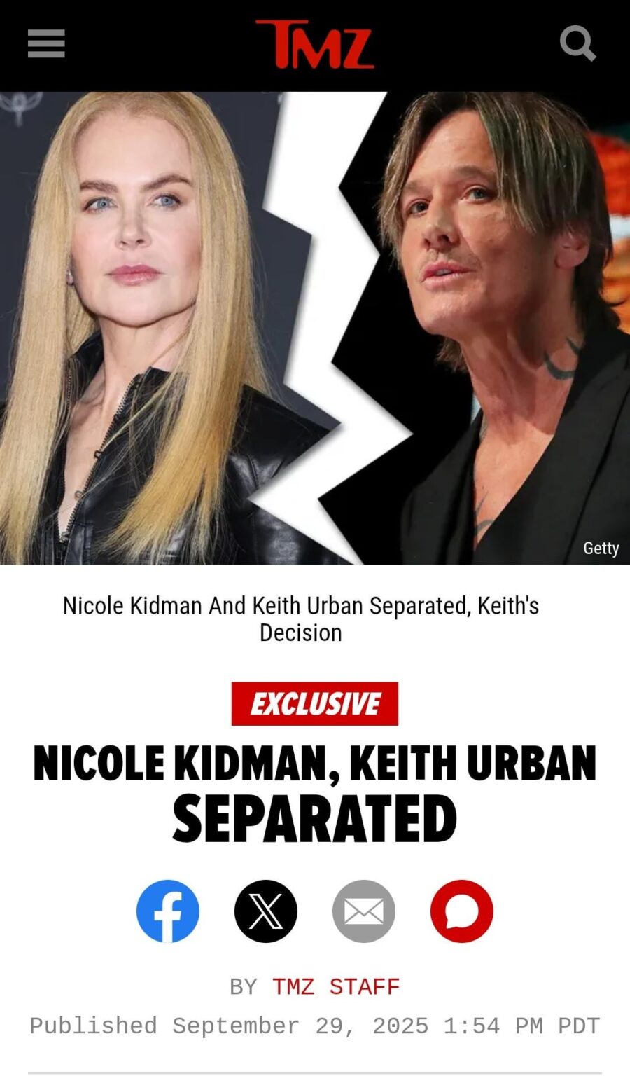 According to TMZ Nicole Kidman and Keith Urban seperated 'since the beginning of summer'