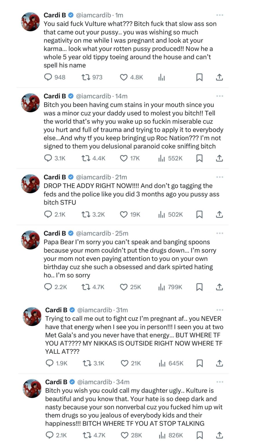 New Cardi B tweets including tweets about Nicki Minaj being abused as a child and her son