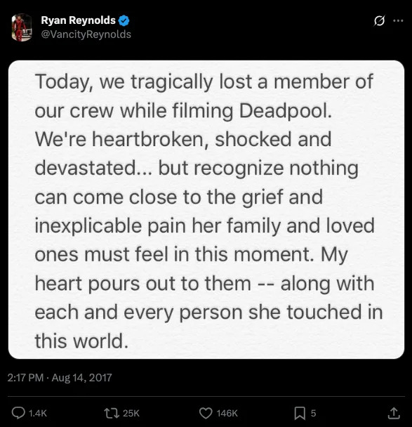 Ryan Reynolds expresses heartbreak over the loss of a Deadpool crew member and extends condolences to their family and loved ones