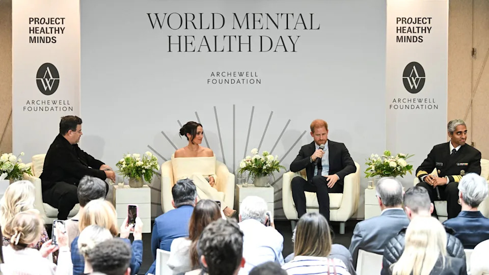 Meghan Markle and Prince Harry on stage with other speakers at The Archewell Foundation Parents’ Summit: Mental Wellness in the Digital Age in 2023