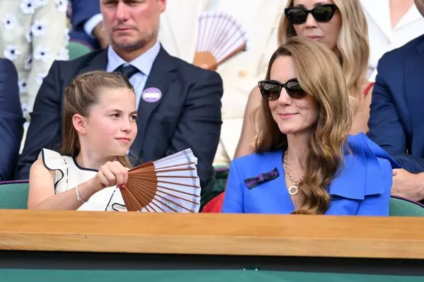 LONDON, ENGLAND - JULY 13: Princess Charlotte of Wales and Catherine, Princess of Wales attend day fourteen of the Wimbledon Tennis Championships at the All England Lawn Tennis and Croquet Club at All England Lawn Tennis and Croquet Club on July 13, 2025 in London, England. (Photo by Karwai Tang/WireImage)