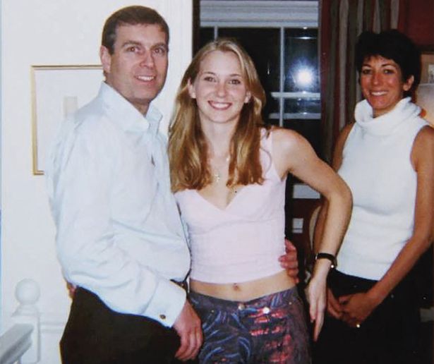 An undated handout photo taken at an undisclosed location and released on August 9, 2021 by the United States District Couty for the Southern District of New York shows (L-R) Prince Andrew, Virginia Giuffre, and Ghislaine Maxwell posing for a photo. 