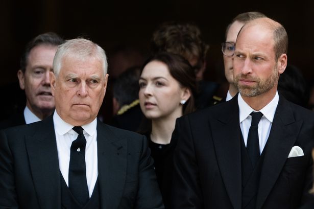 Prince Andrew, Duke of York and Prince William, Prince of Wales attend the funeral of The Duchess of Kent at Westminster Cathedral on September 16, 2025 in London, England