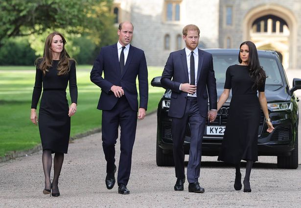 Catherine, Princess of Wales, Prince William, Prince of Wales, Prince Harry, Duke of Sussex, and Meghan, Duchess of Sussex on the long Walk at Windsor Castle arrive to view flowers and tributes to HM Queen Elizabeth on September 10, 2022 in Windsor, England