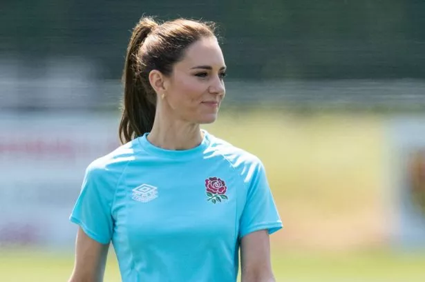 Catherine, Princess of Wales, Patron of the Rugby Football Union, takes part in rugby drills on the pitch with a number of local and professional players during her visit to Maidenhead Rugby Club on June 7, 2023 in Maidenhead