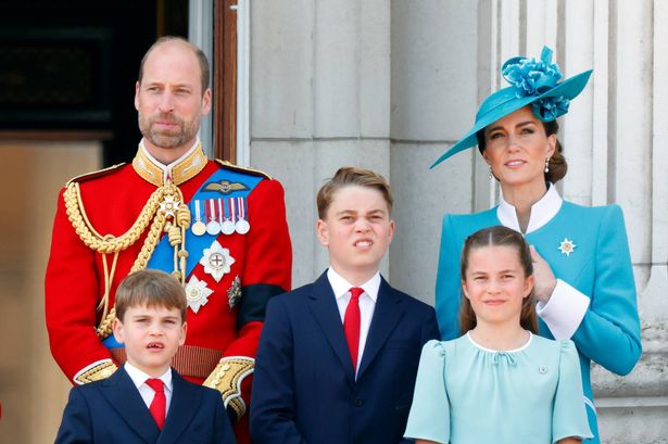 Prince William, Prince of Wales (Colonel of the Welsh Guards), Prince Louis of Wales, Prince George of Wales, Catherine, Princess of Wales and Princess Charlotte of Wales watch an RAF flypast
