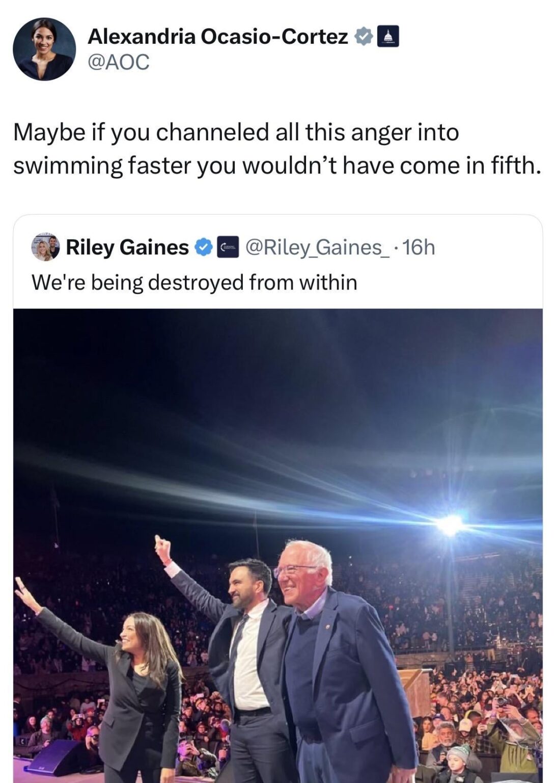 AOC responds to Riley Gaines saying she, Zohran, and Bernie are “destroying us from within”