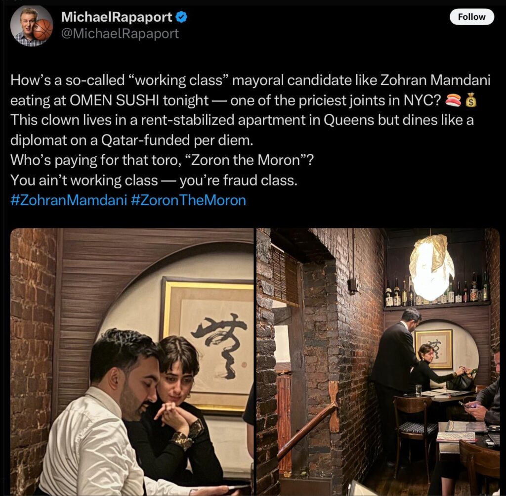 Michael Rapaport is angry that future NYC mayor Zohran Mamdani had a date night with his wife at a sushi restaurant