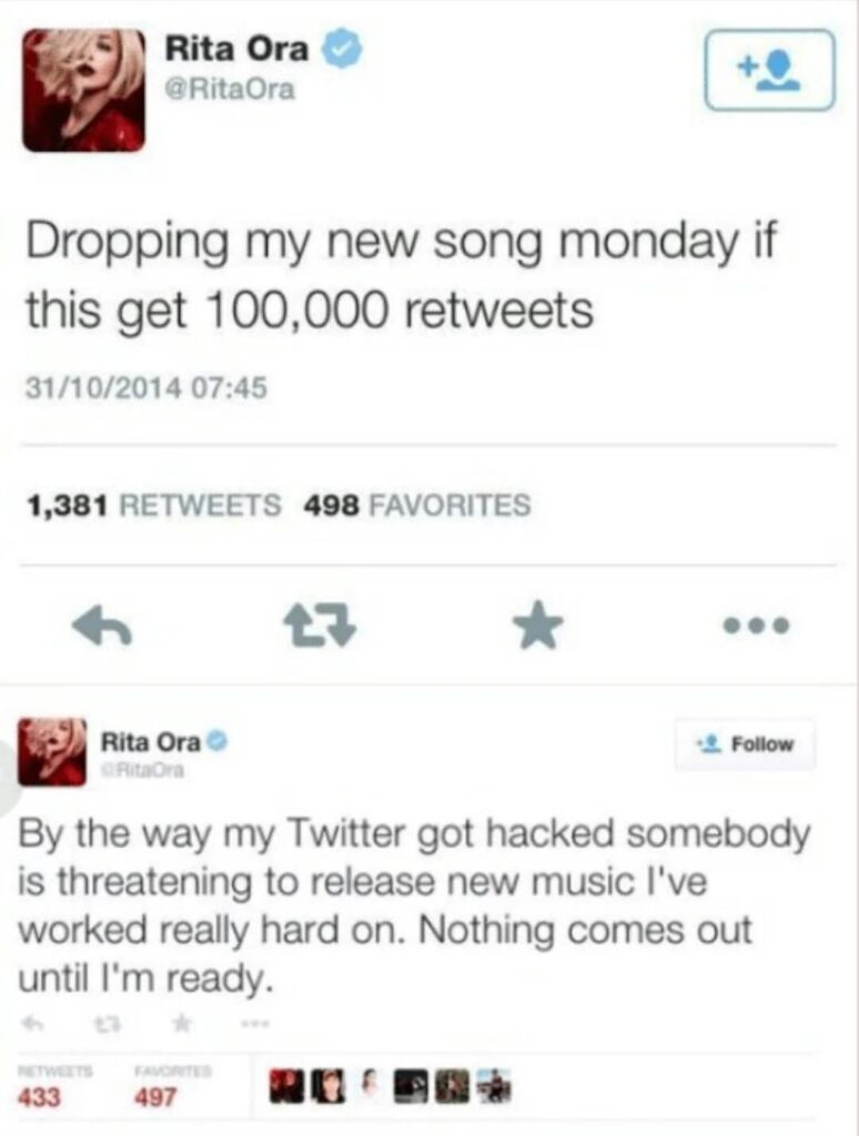 It's been 11 years since Rita Ora didn't get 100k retweets and pretended to get hacked