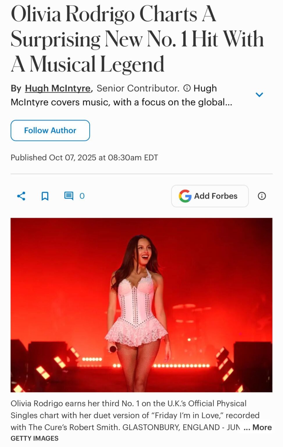Olivia Rodrigo earns her third No. 1 on the U.K.’s Official Physical Singles chart with her duet version of “Friday I’m in Love,” recorded with The Cure’s Robert Smith. The cover benefits Doctors Without Borders.