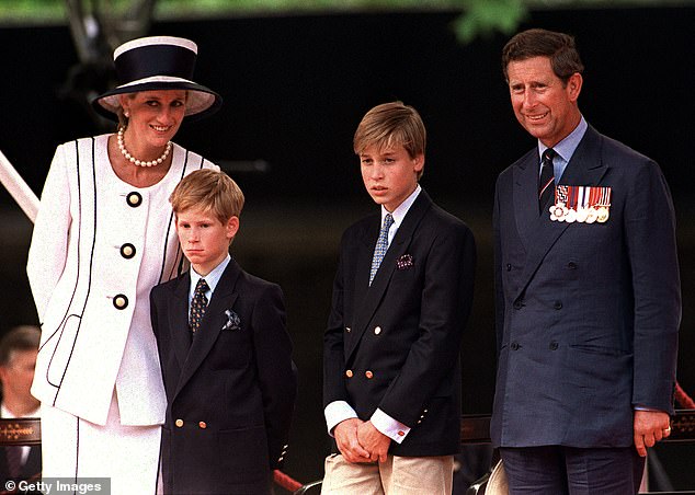 Princess Diana, Prince Harry, Prince William and Prince Charles at a VJ Day parade in 1994