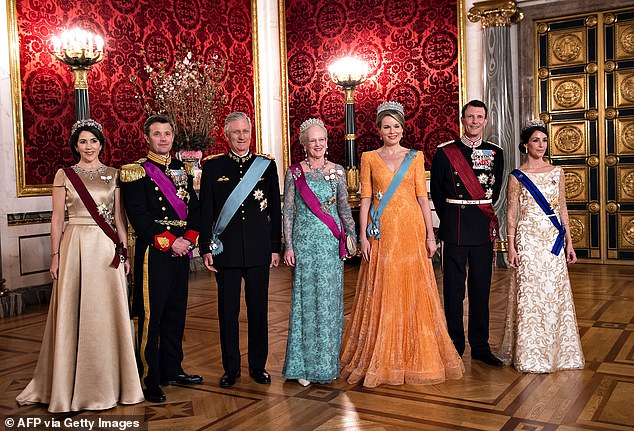 Back in 2017, Mary and Frederik (far left) and Joachim and Marie (far right) were regulars at official Danish royal engagements. They are pictured here with (from centre, L-R) the late Prince Philippe, Queen Margrethe and Queen Mathilde of Belgium