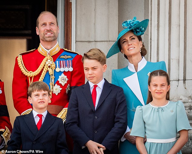 Pictured: Prince William and Kate with Louis, George and Charlotte at Buckingham Palace on June 14