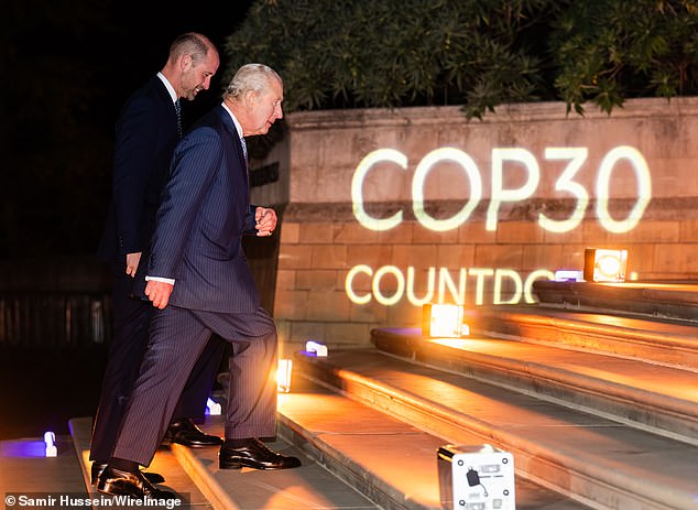 Pictured: King Charles and Prince William walking up the steps to enter the Natural History Museum together