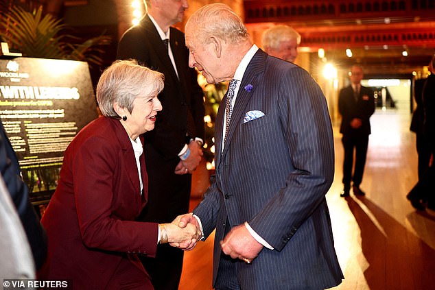 Pictured: King Charles shaking the hand of former Prime Minister Theresa May