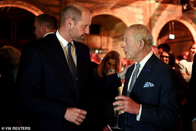 Pictured: The King and Prince William speaking at the event at the Natural History Museum