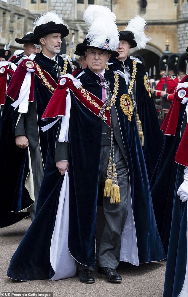 Prince Andrew at the Order of the Garter service in 2019 outside St George's Chapel in Windsor. At long last Prince Andrew has grasped that his days as a prominent member of the Royal Family are utterly and completely over