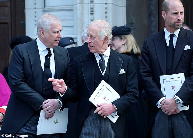 Prince Andrew, King Charles III and Prince William attend the Funeral of the Duchess of Kent at Westminster Cathedral on September 16