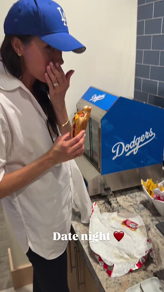 Meghan also shared a behind-the-scenes look of the night out, and shared a clip of herself enjoying a hot dog