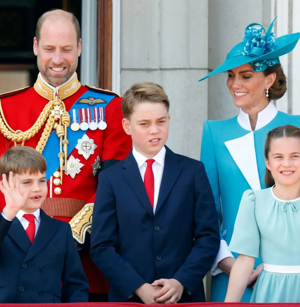  Prince William and Princess Kate with Prince George, Princess Charlotte and Prince Louis on the balcony of Buckingham Palace . 