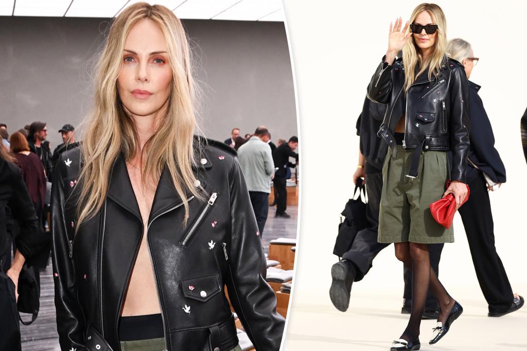 Charlize Theron wears shirtless look with shorts and tights at Dior show Charlize Theron wears shirtless look with shorts and tights at Dior show