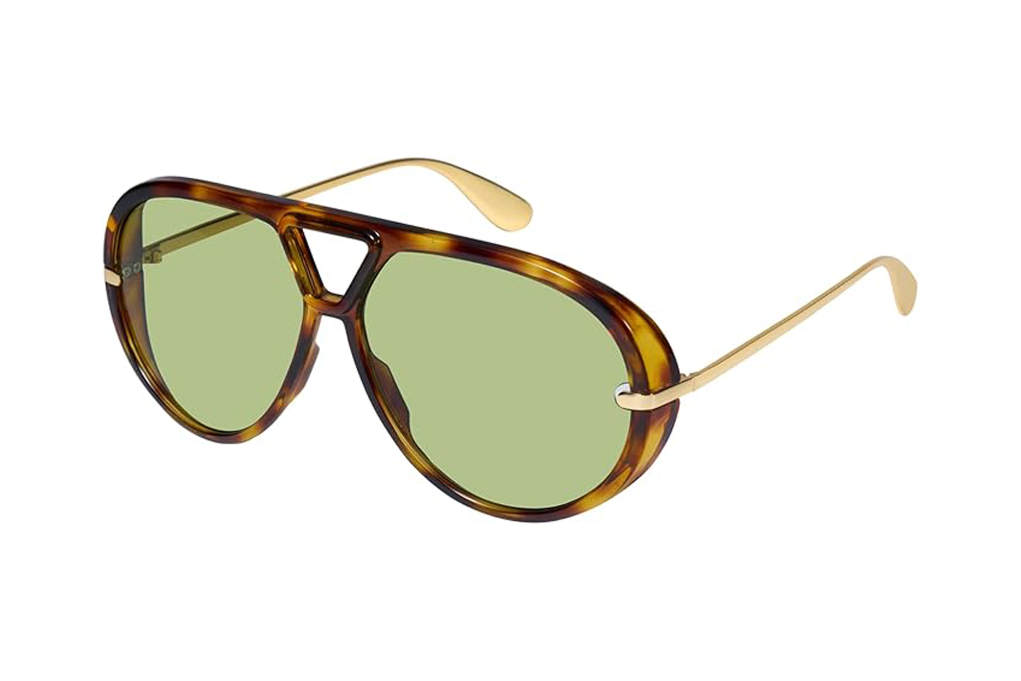 Tortoiseshell aviator sunglasses with green lenses and gold arms.