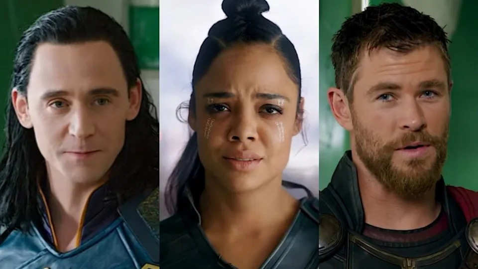 From left to right: Tom Hiddleston as Loki, Tessa Thompson as Valkyri and Chris Hemsworth as Thor in Thor: Ragnarok. .