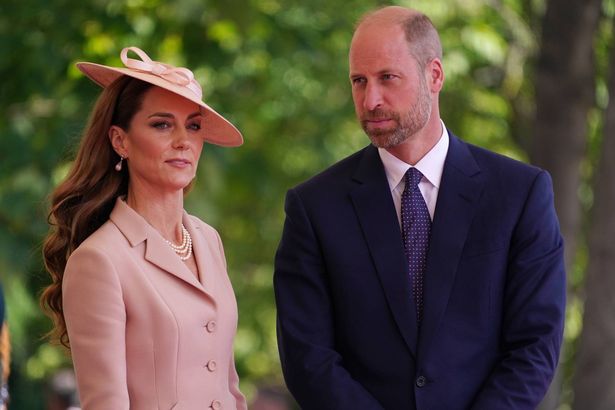 Princess Catherine and Prince William  welcome French President Emmanuel Macron and his wife Brigitte Macron (not pictured) to Windsor Castle on July 8, 2025 in Windsor