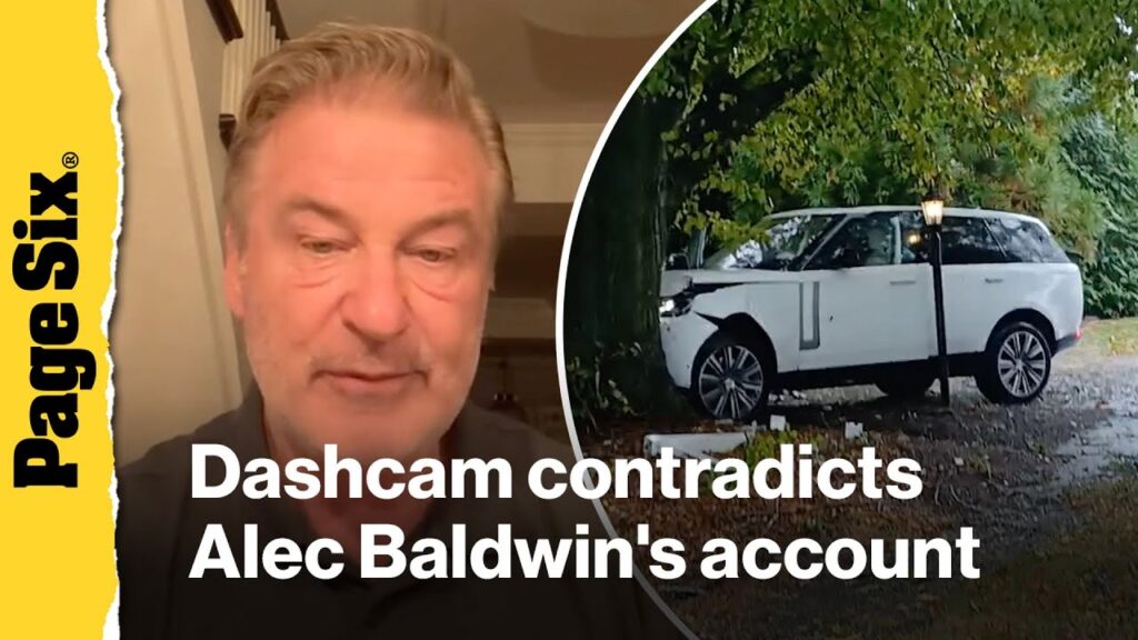Moment Alec Baldwin slammed into tree head-on shown in dramatic dashcam video Moment Alec Baldwin slammed into tree head-on shown in dramatic dashcam video