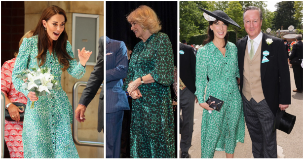 Composite image showing Kate Middleton holding flowers in a green Cefinn Petra dress, Queen Camilla in a green Cefinn shibori print dress, and Samantha Cameron wearing her label’s green dress alongside David Cameron at a public event.