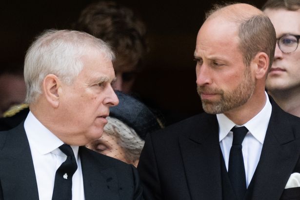 Prince Andrew and Prince William are pictured at the Duchess of Kent's funeral