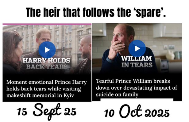 Side-by-side comparison by Glow Lee (@GlowanneLee) showing Prince Harry holding back tears at a Kyiv memorial in September 2025 and Prince William appearing tearful in an October 2025 mental health video, highlighting how William’s emotional display followed Harry’s widely shared moment of compassion.