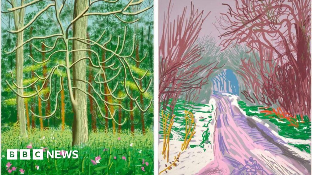 A composite of two drawings. On the left is a tree with several thin branches and a meadow beneath it of pink flowers amongst the greenery. On the right is a pathway with trees looming over it. You can see the pink and purple lines that make up the different areas of the drawings.