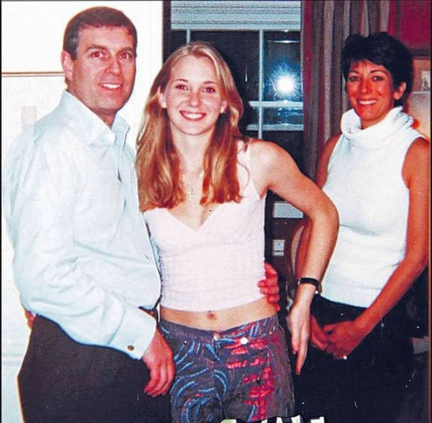 A photograph appearing to show Prince Andrew with Jeffrey Epstein's accuser Virginia Roberts Giuffre and Ghislaine Maxwell.