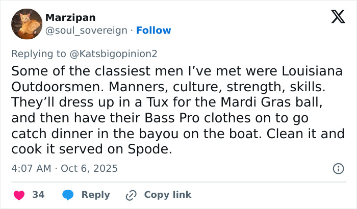 Tweet praising classier men like Lana Del Rey's husband, mentioning manners, culture, and strength of Louisiana outdoorsmen.