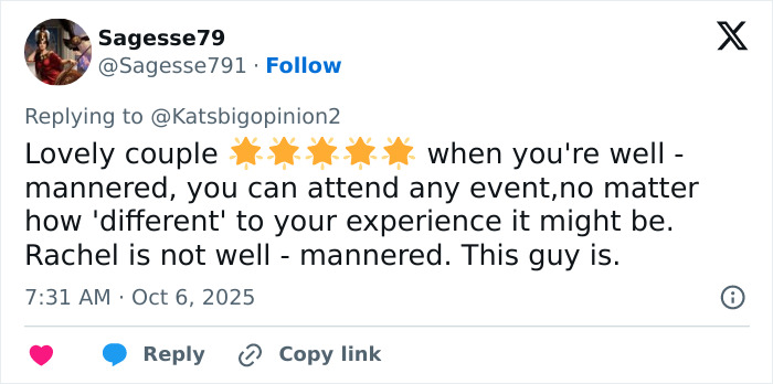 Twitter comment praising Lana Del Rey's husband for being classier after backlash over Meghan Markle's video.