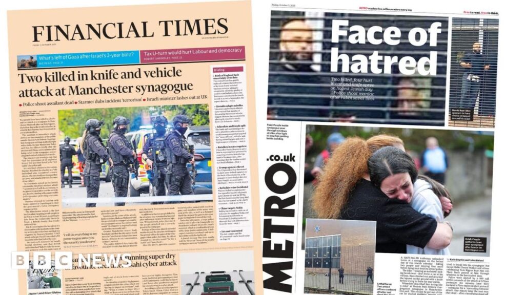 'Knife and vehicle attack' and 'Face of hatred' – BBC The headline on the front page of the Metro reads: "Face of hatred: two killed, four hurt in car and knife spree on holiest Jewish day. Police shoot maniac after rabbi saves lives." It features a zoomed-in photo of a bearded and bald-headed suspect, which sits above another photo of a tearful brown-haired woman hugging a red-haired woman near the synagogue.