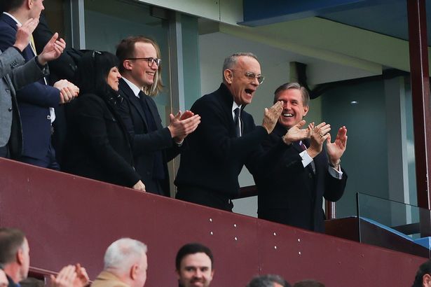 Actor Tom Hanks celebrates Aston Villa's first goal