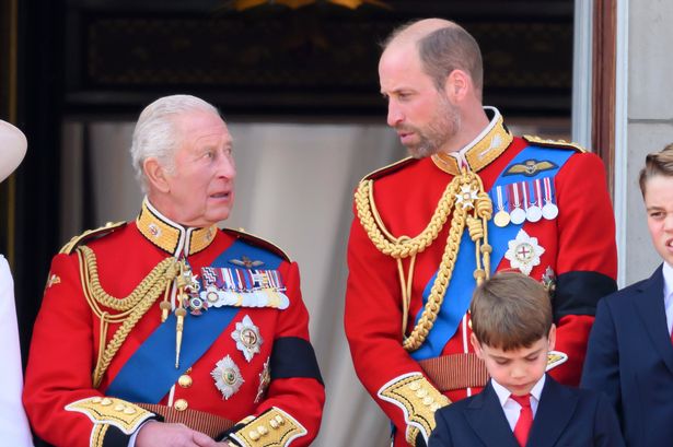 King Charles III and Prince William, Prince of Wales on the balcony at Buckingham Palace during Trooping The Colour 2025