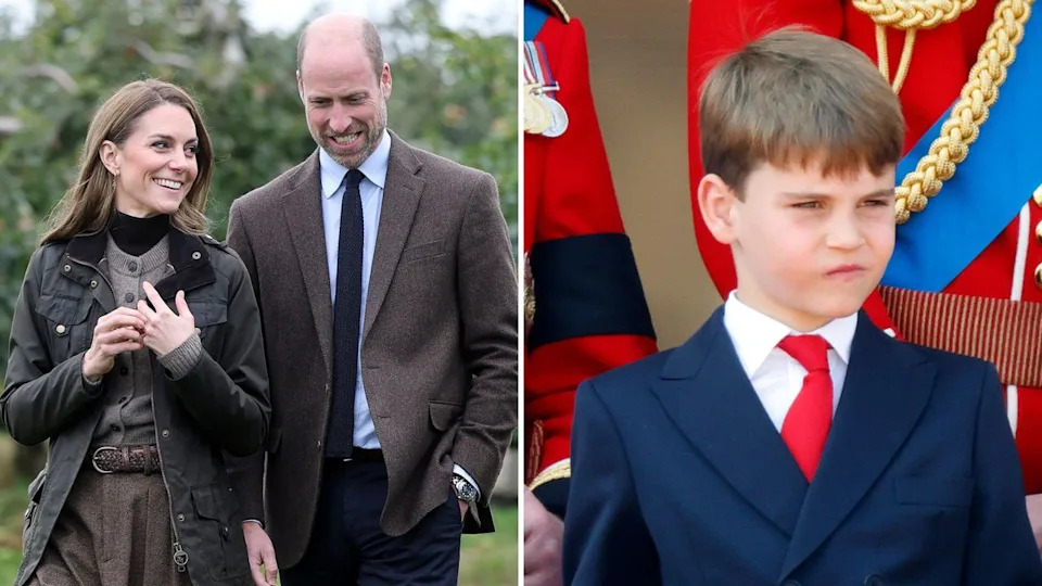  A composite of a picture of the Prince and Princess of Wales smiling together and a picture of Prince Louis. 