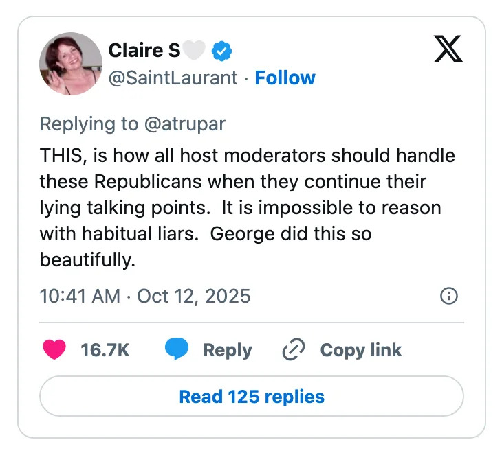 Tweet by user Claire S supporting a host moderator's handling of Republicans' talking points, praising George's method