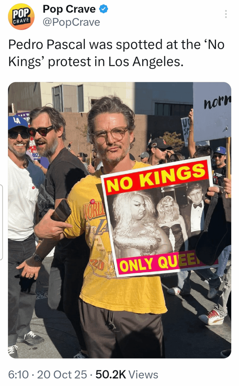 Pedro Pascal was spotted at the ‘No Kings’ protest in Los Angeles.