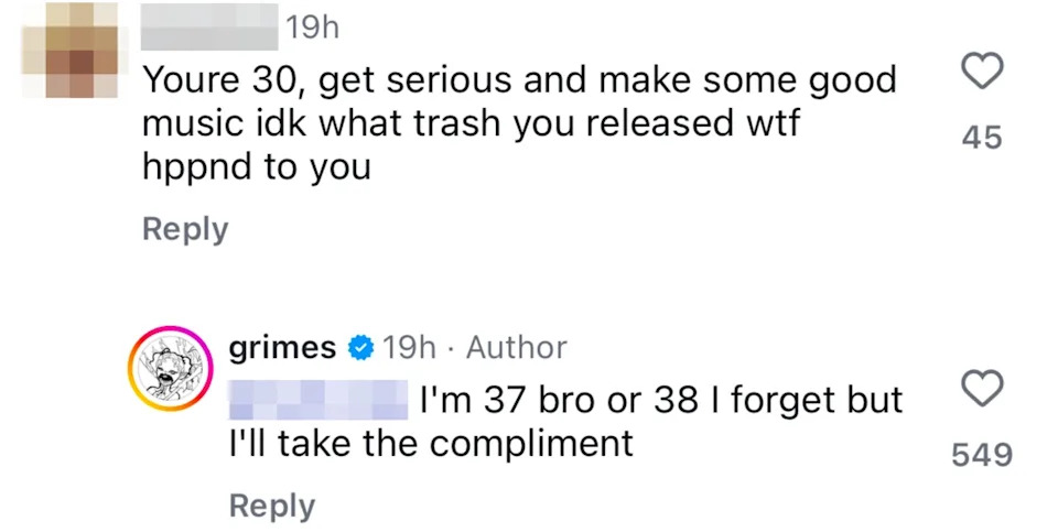 Screenshot of a social media exchange where a user criticizes music, and Grimes humorously responds about her age being 37 or 38