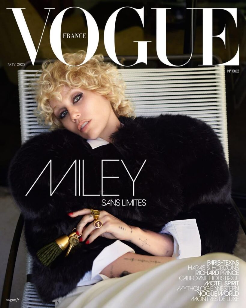 Miley Cyrus covers the November 2025 Issue for Vogue France. Photographed by Mario Sorrenti & styled by Alastair McKimm.
