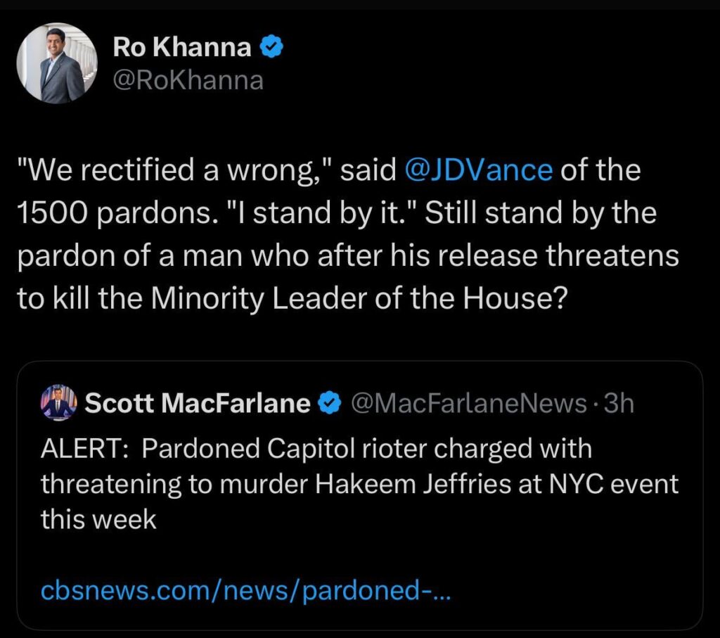 A man who stormed the capitol on January 6th, and was subsequently pardoned by JD Vance and Trump, was just arrested for threatening to kill Hakeem Jeffries. JD Vance has previously said he stands by the pardons.