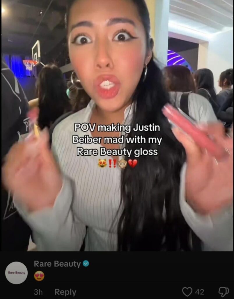 Selena Gomez's brand, Rare Beauty comments on a post about Justin Bieber