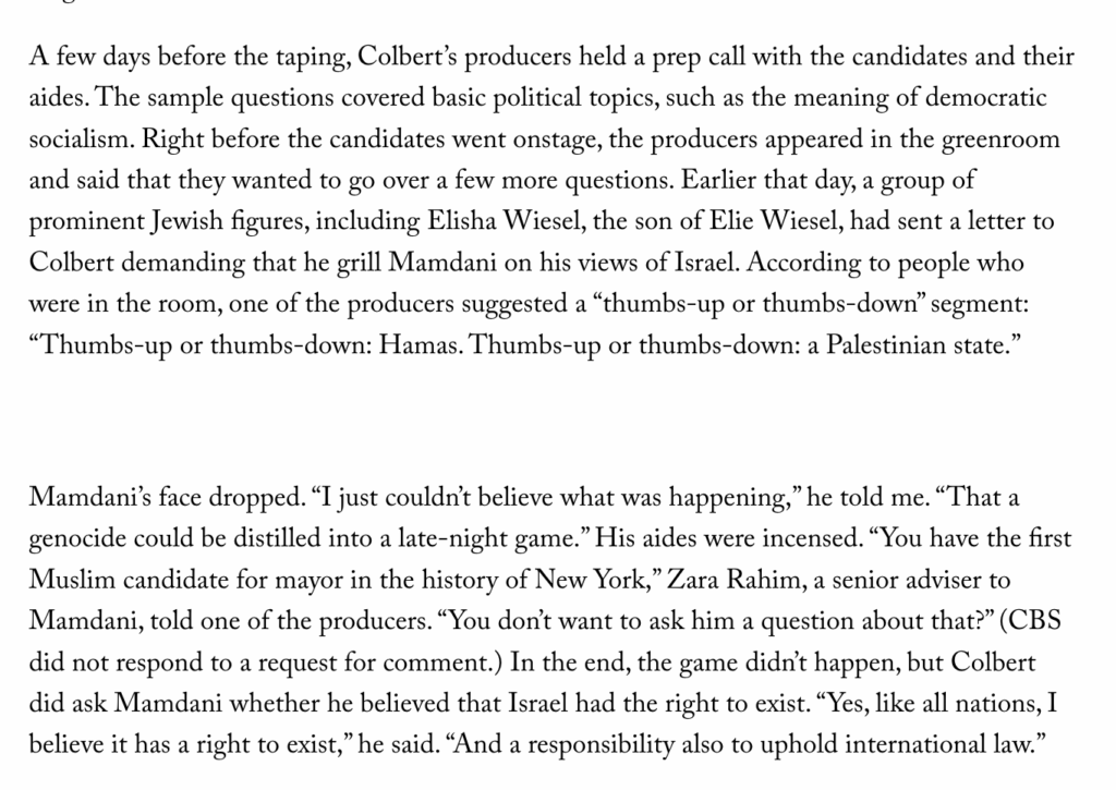 Behind the scenes details from Zohran Mamdani's appearance on Colbert