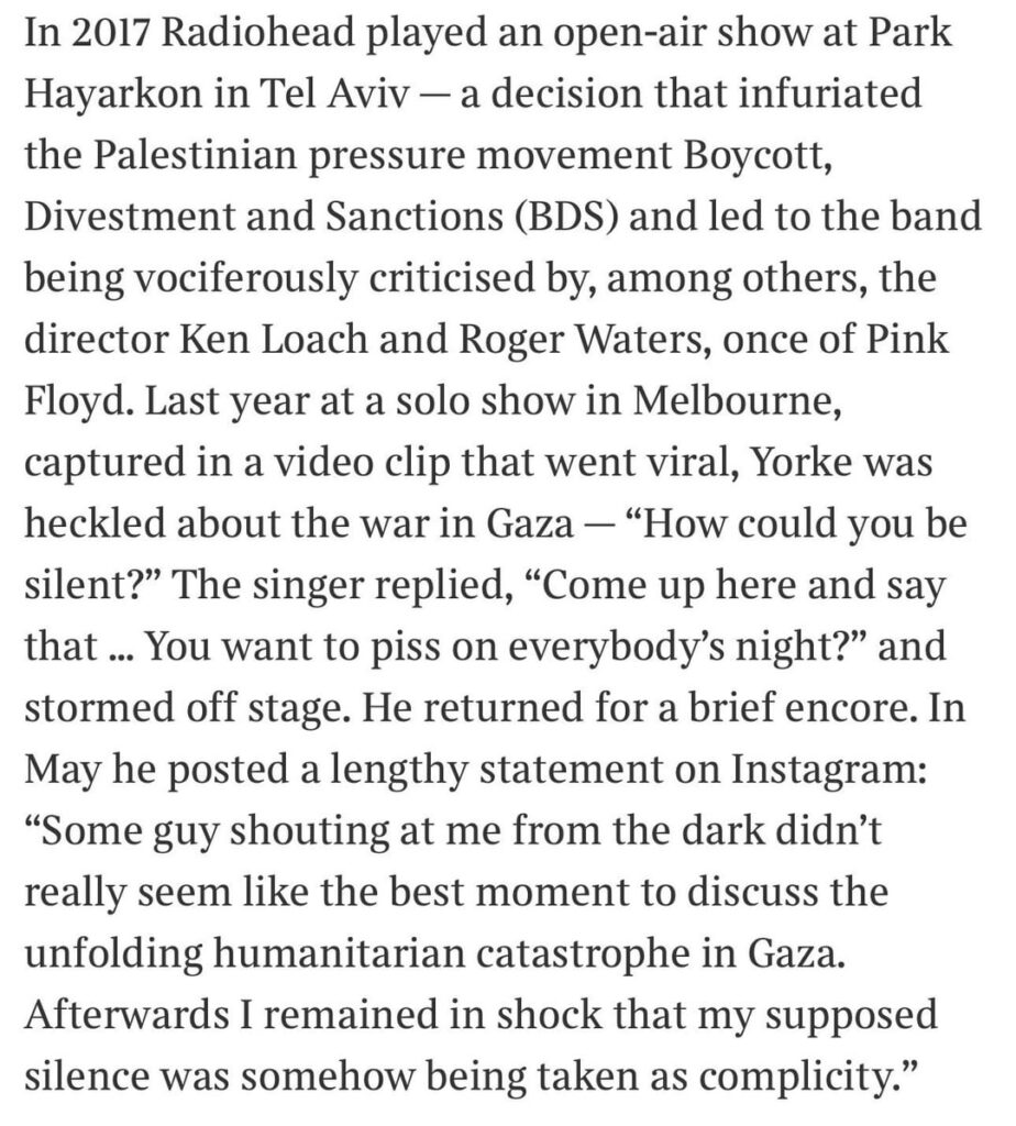 Radiohead new comments on their Israel-Palestine controversy and whether they would do another Tel Aviv gig if given the opportunity (from The Times)