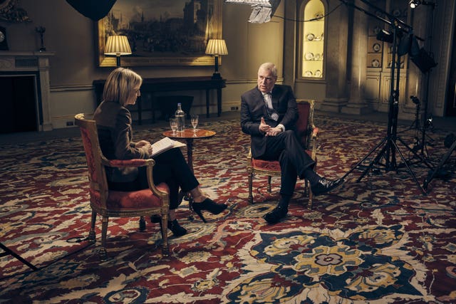 The then-Duke of York speaking about his links to Jeffrey Epstein in an interview with BBC Newsnight’s Emily Maitlis 