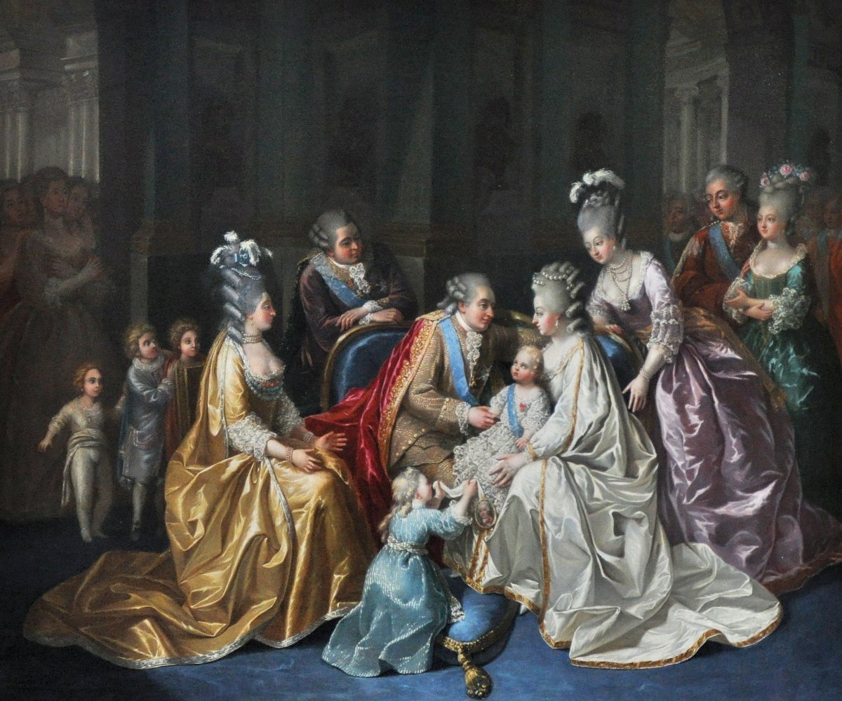 The French royal family, depicted celebrating the birth of the Dauphin in 1782 (Palace of Versailles)